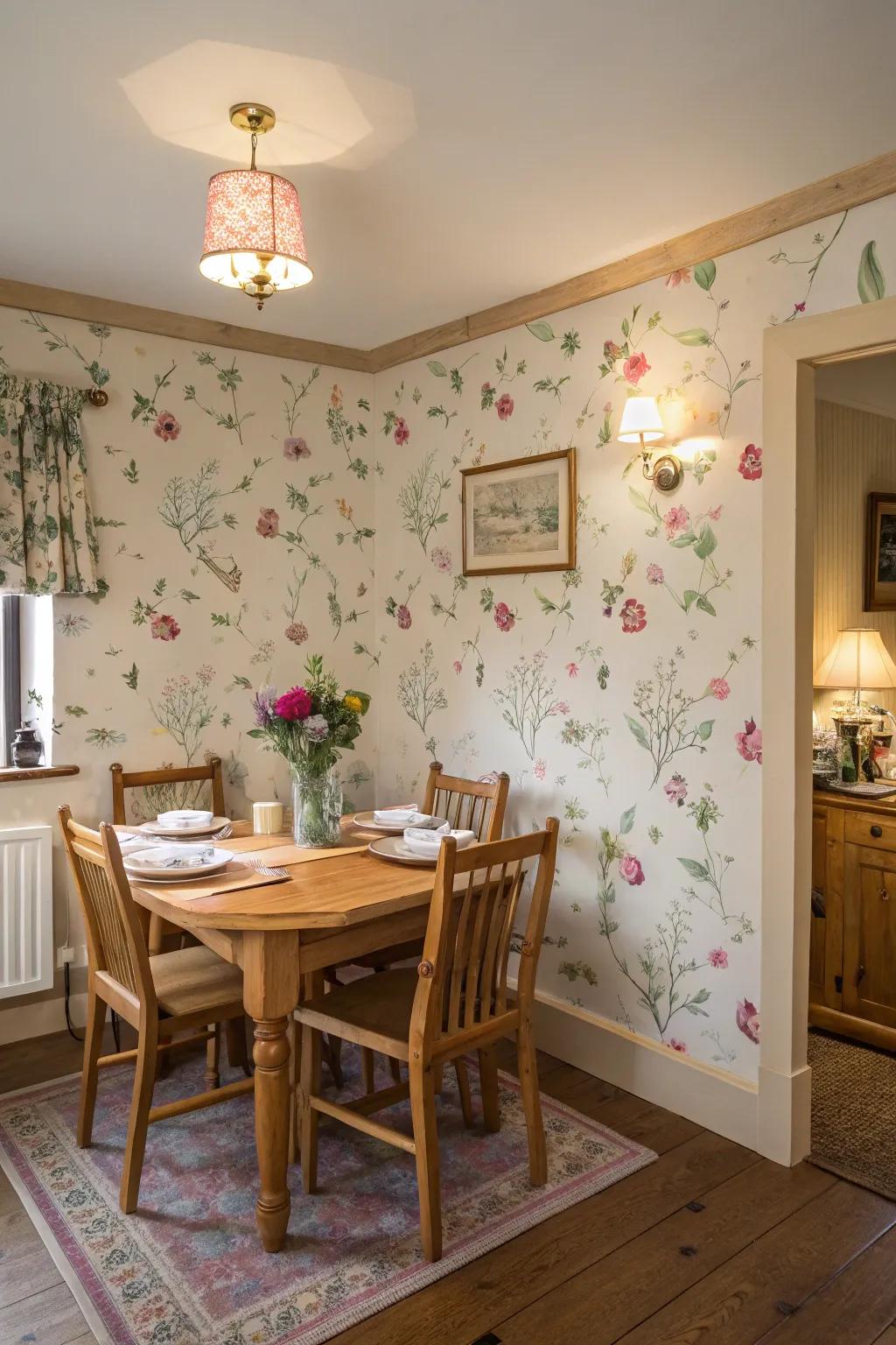 A mural or wallpaper contributes visual intrigue.