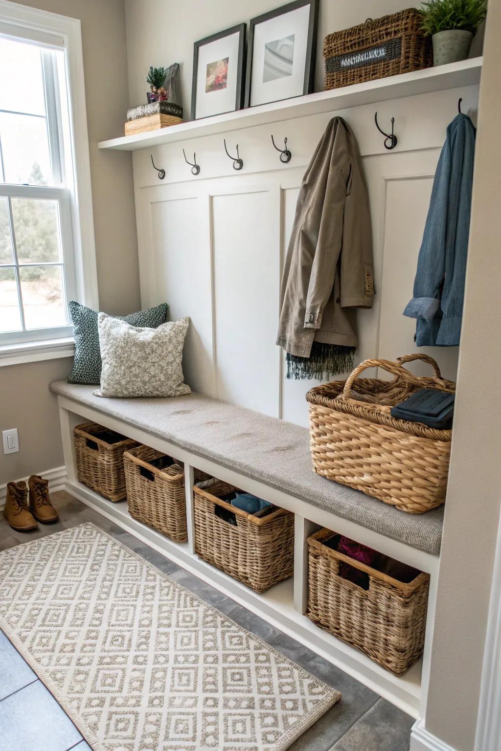 Woven baskets enhancing warmth and organization.