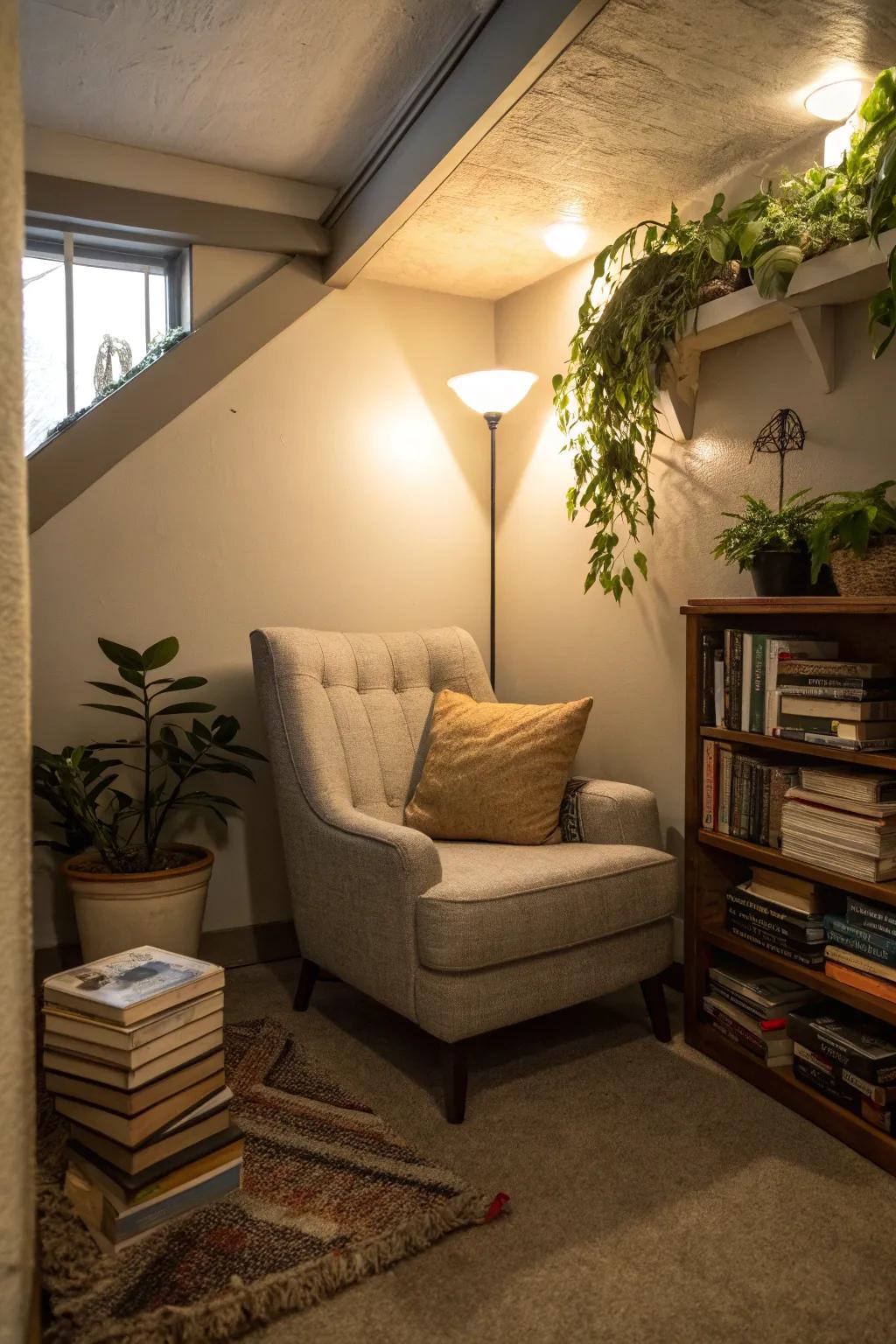 Design a peaceful escape with a cozy literary corner.