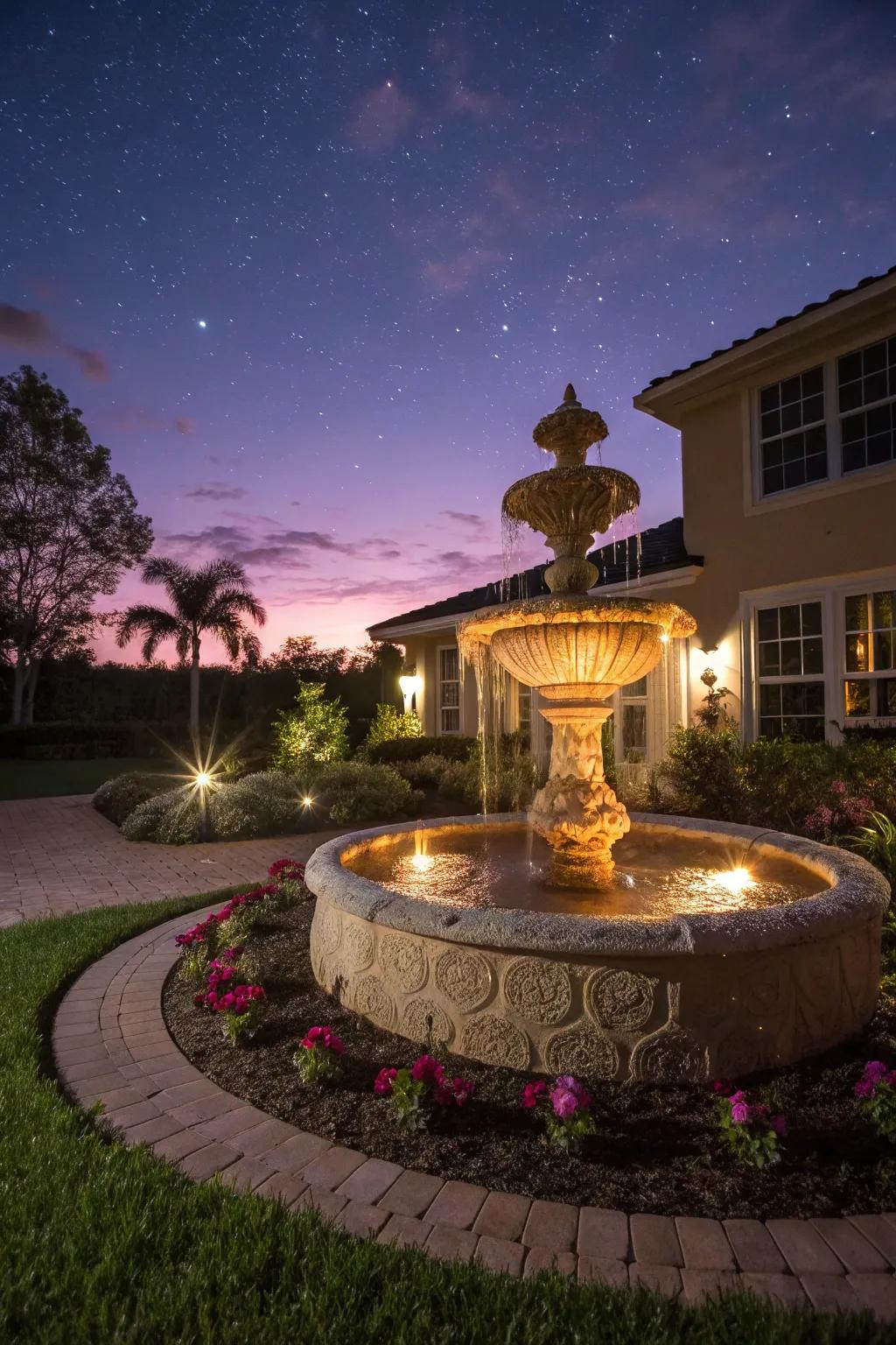 Light-emitting diode lights transform a water feature into an evening spectacle.