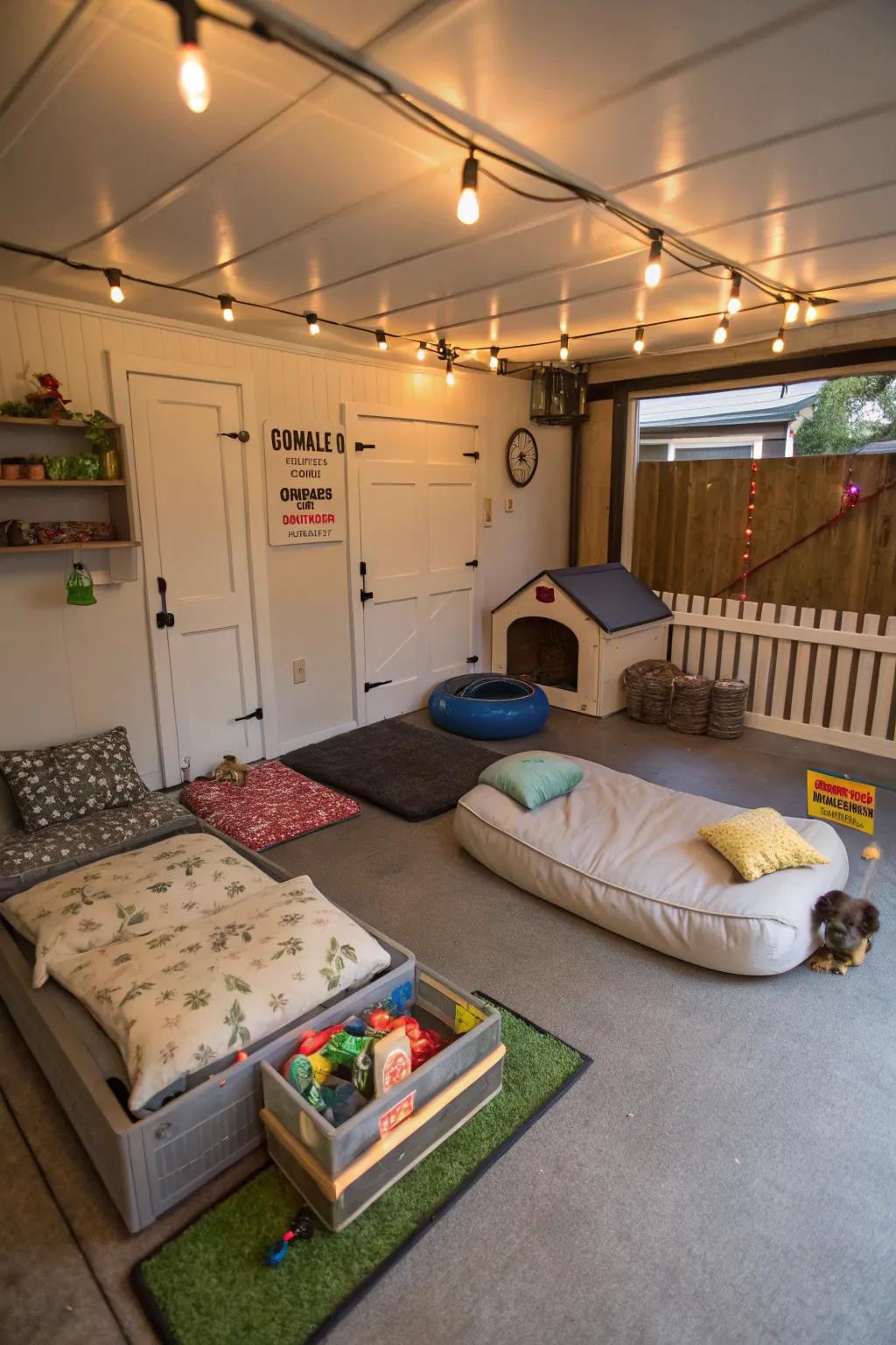 A small garage has been set aside to become a pet paradise.