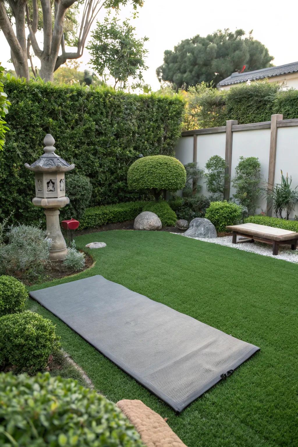 A serene meditation spot featuring synthetic turf.