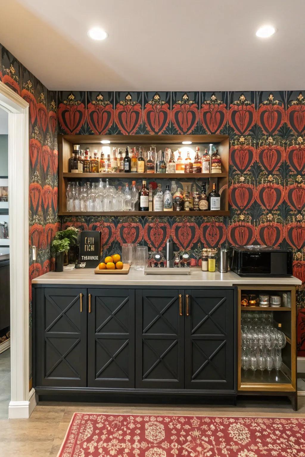 Strong wallpaper can turn your bar area into something that catches the eye.