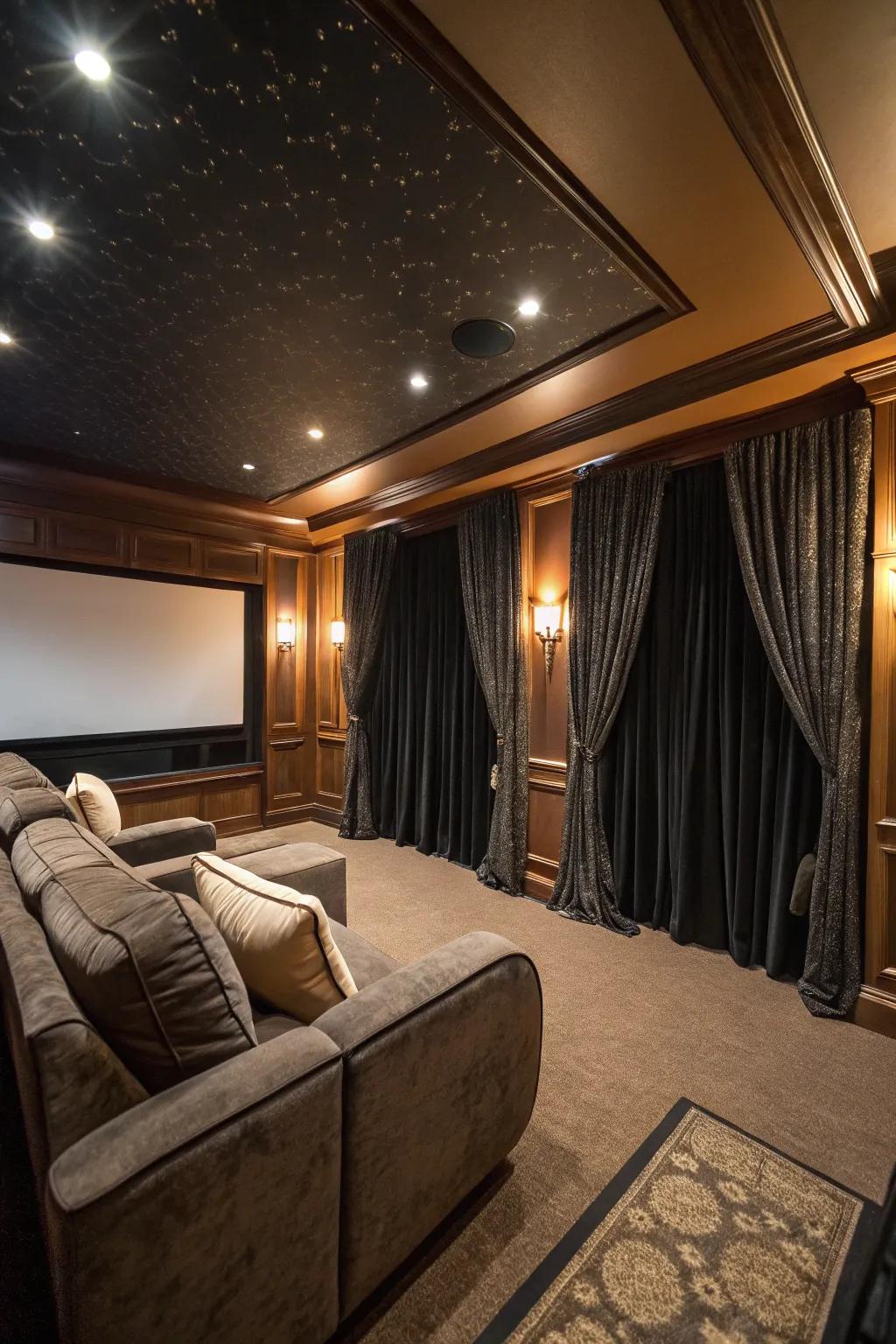 Curtains maintain the room’s dark and captivating atmosphere.