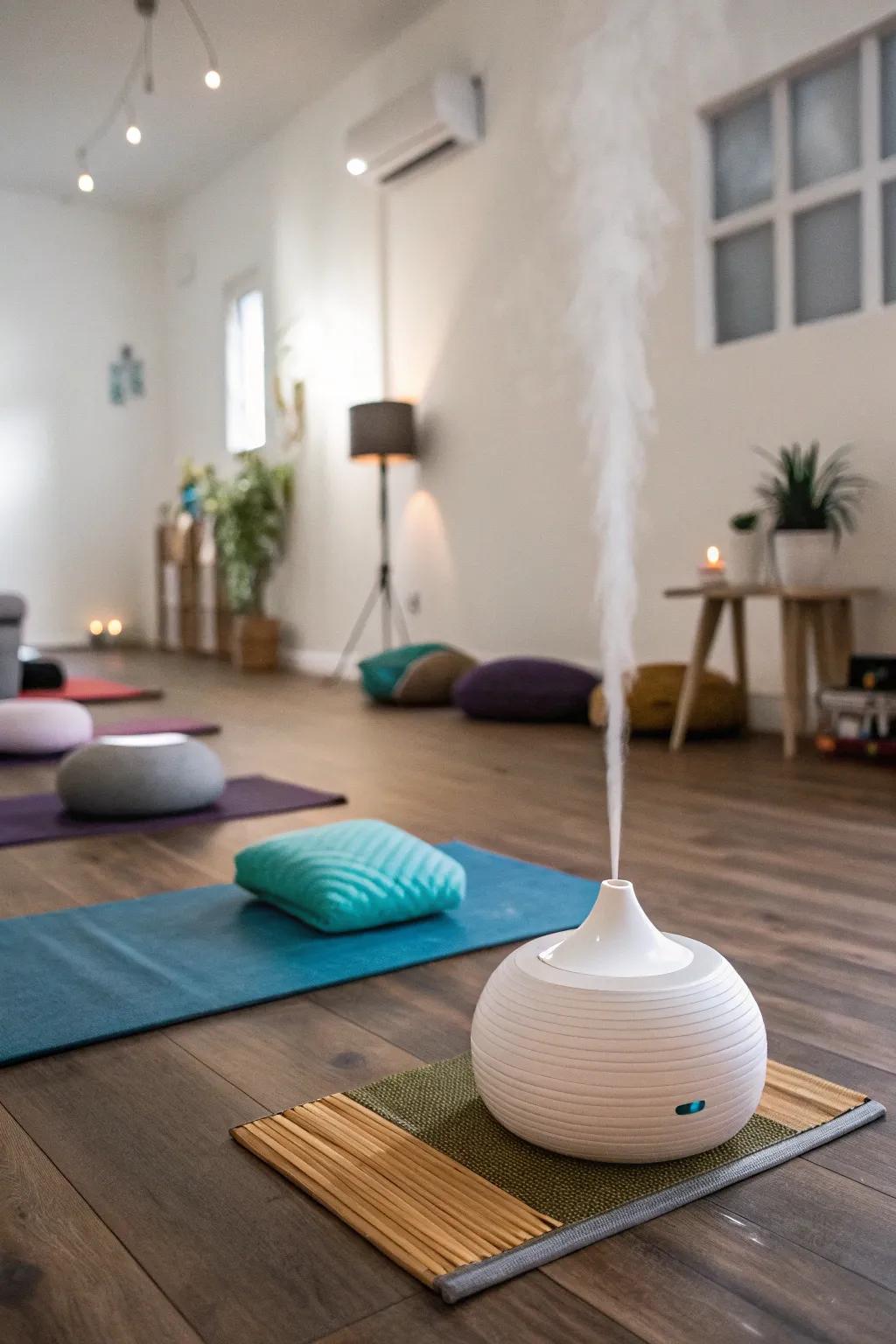 Yoga room enhanced with soothing sounds and scents.