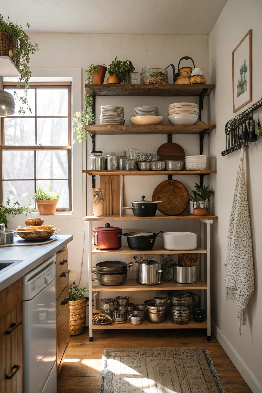 A small kitchen with stylish shelves that are open for an airy feeling.