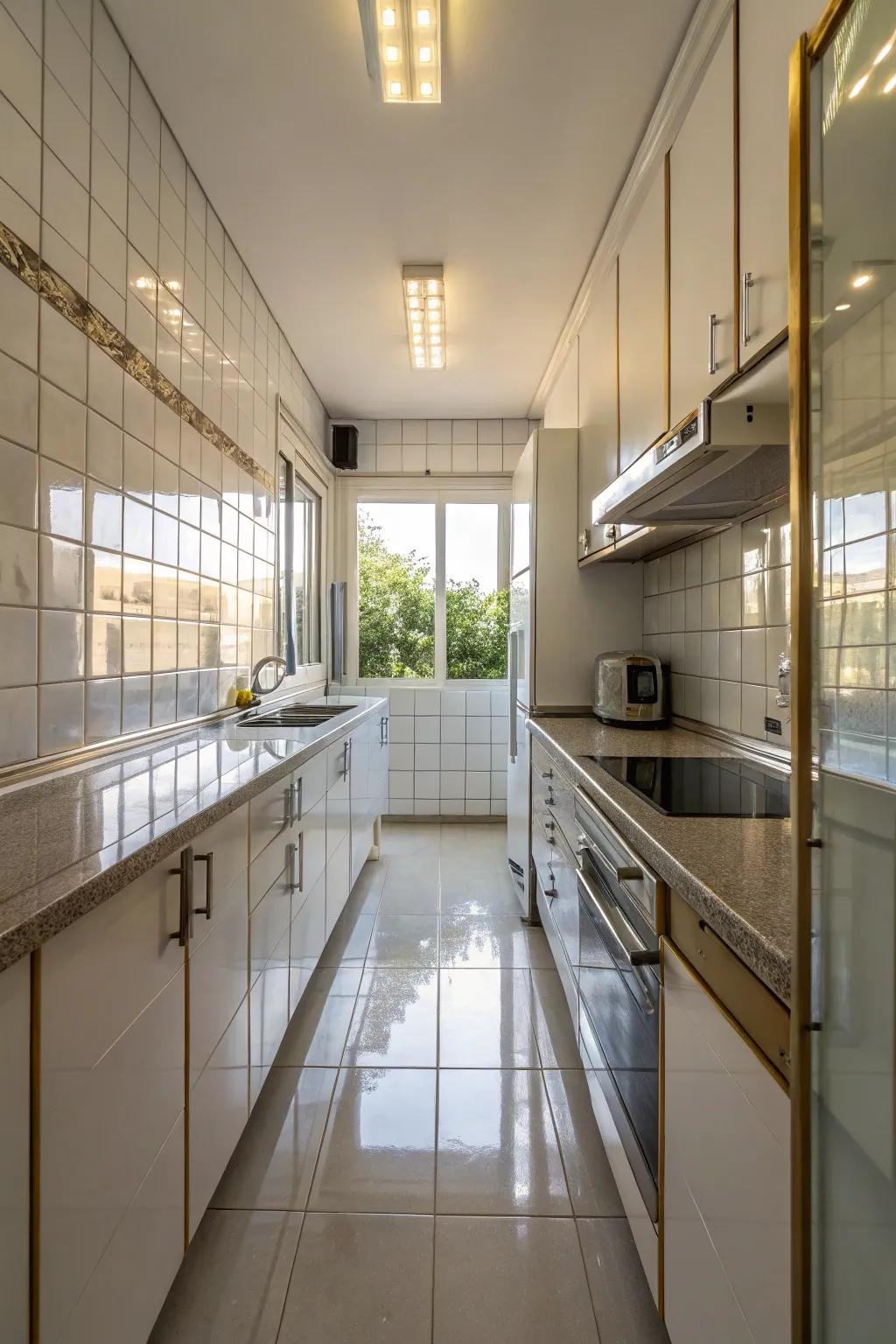 Reflective surfaces broaden the visual space within a petite kitchen.