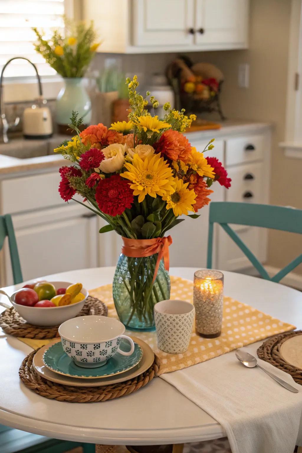 A colorful decoration that enlivens a compact dining space.