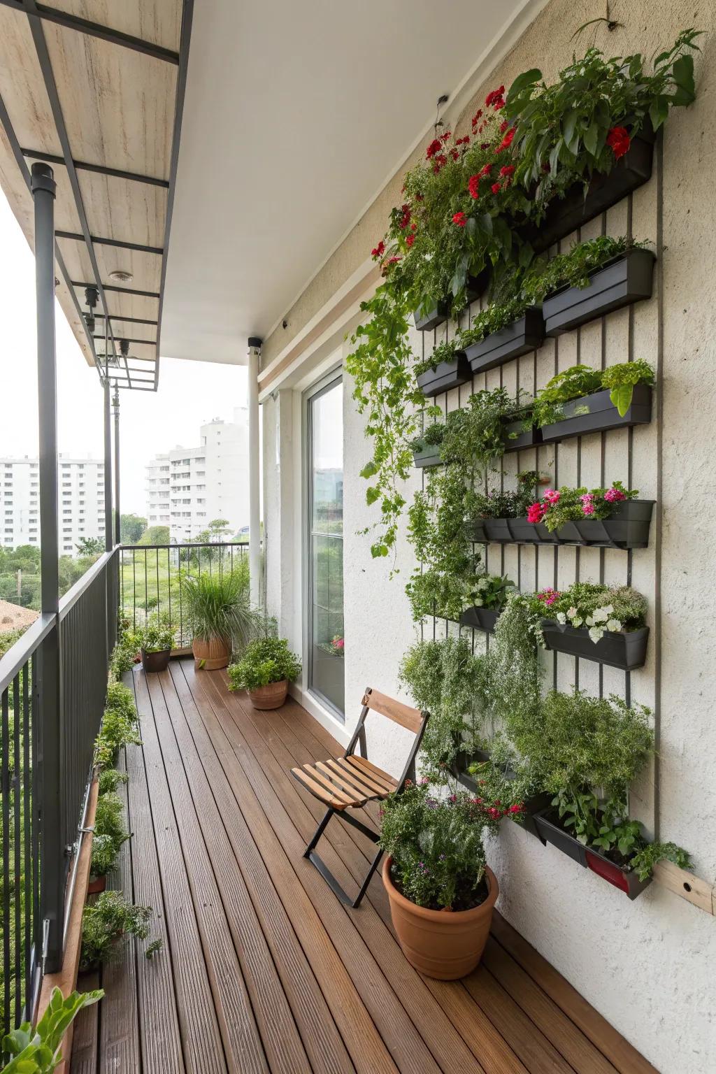 Utilize upright space with planters to introduce greenery without clutter.