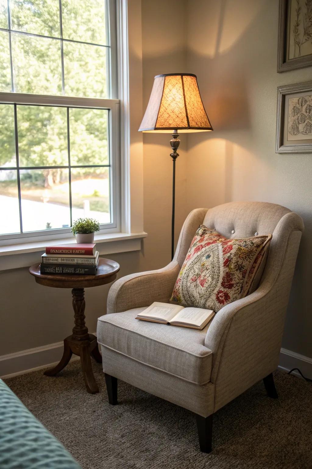 A reading nook transforms a landing into a peaceful escape.