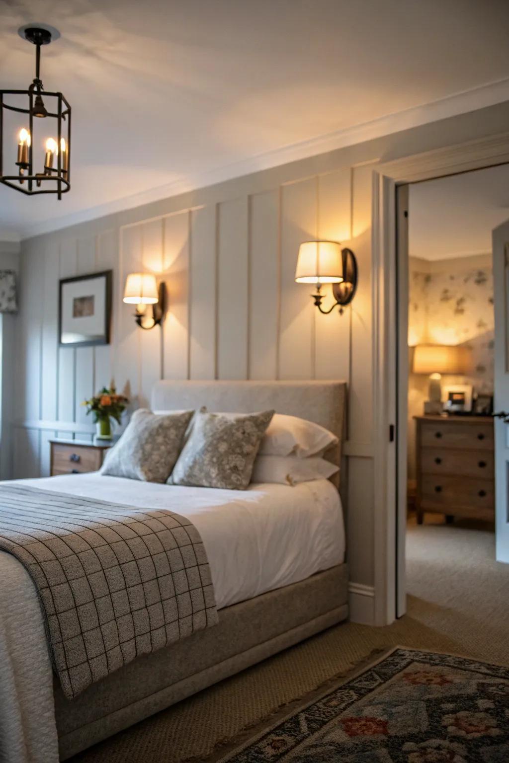 Wall-mounted light fixtures provide mood-setting illumination in a small primary bedroom.