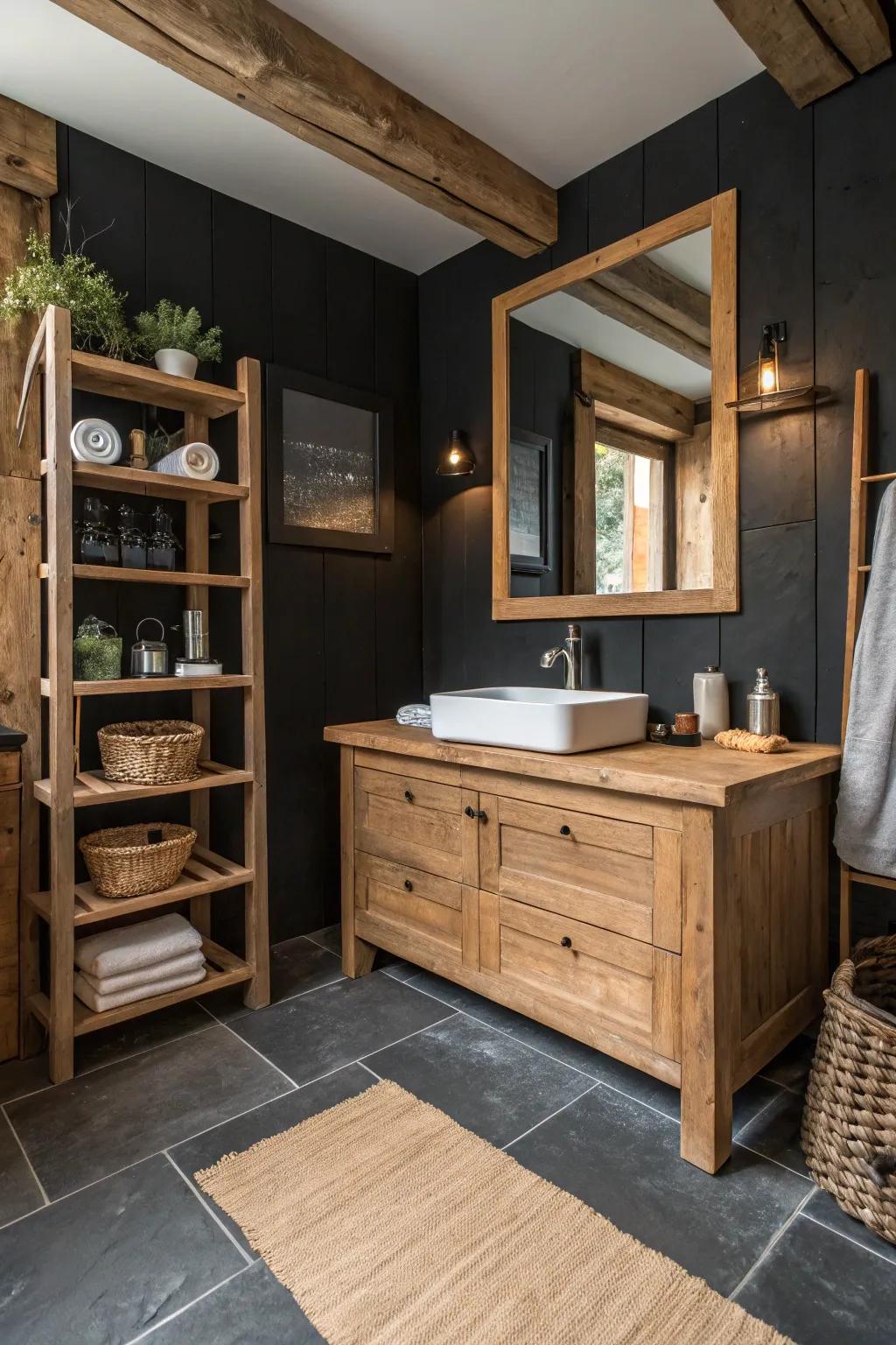 Contrasting hues bring impact to a homespun bathroom.