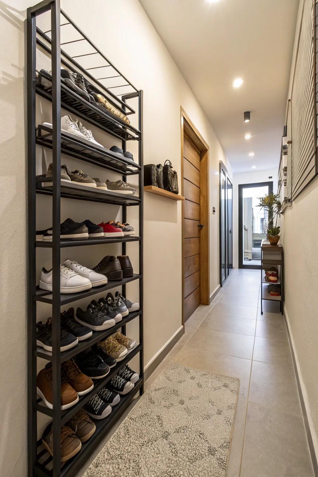 A shoe rack keeps your narrow hallway organized and clutter-free.