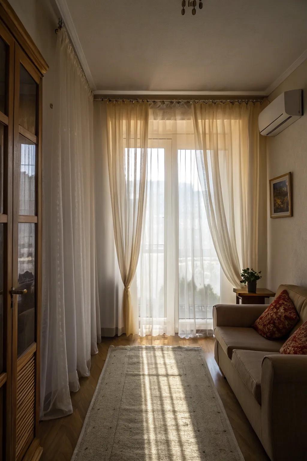 Floor-length curtains create height and sophistication.