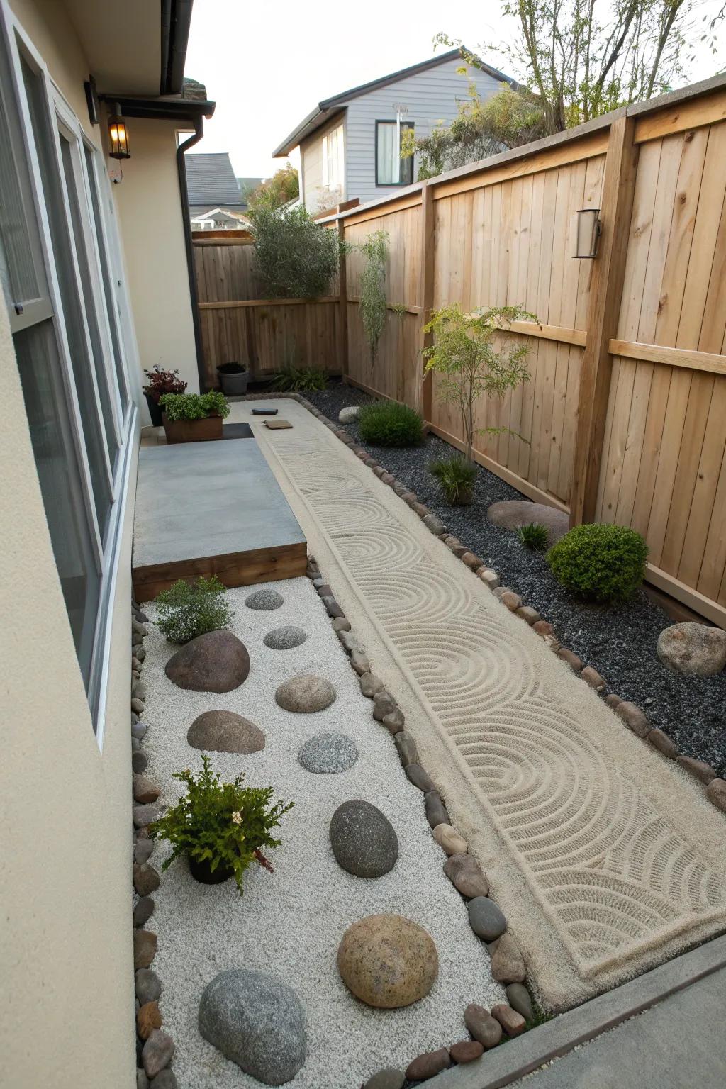 Zen garden elements introduce tranquility to slim side yards.