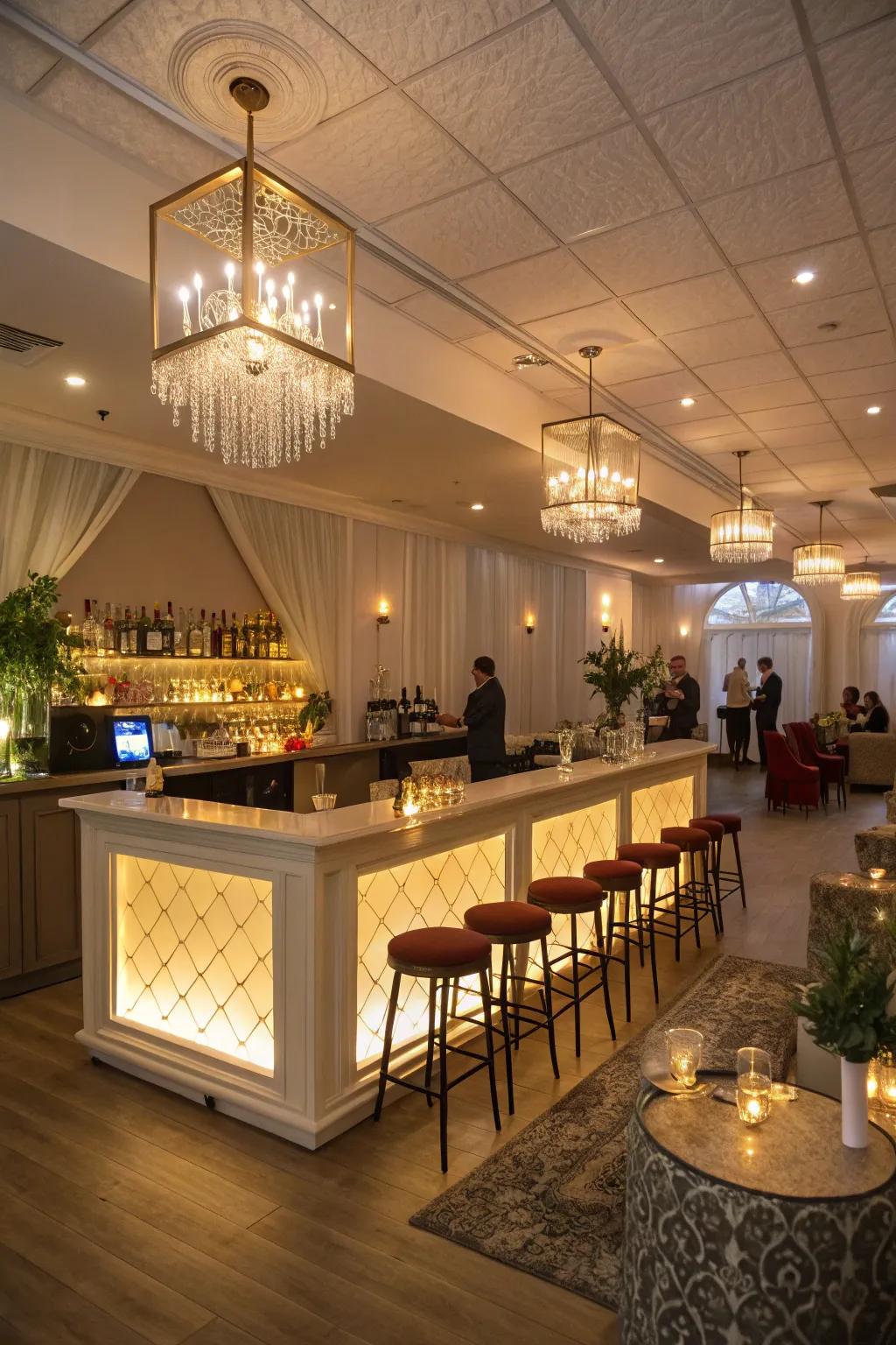 A bar area encourages social interactions and keeps the party lively.