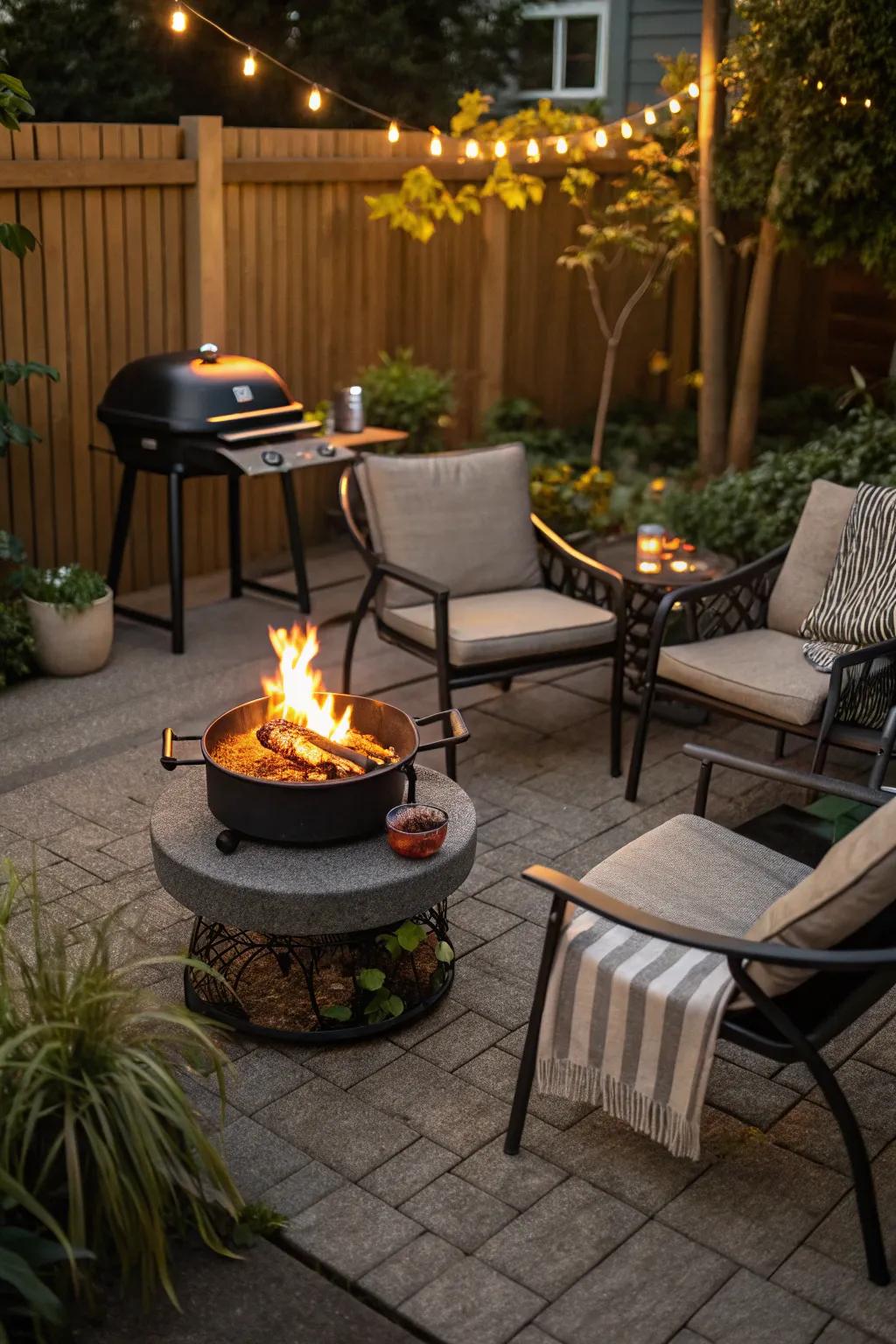 Fire pit tables introduce warmth and ambiance.