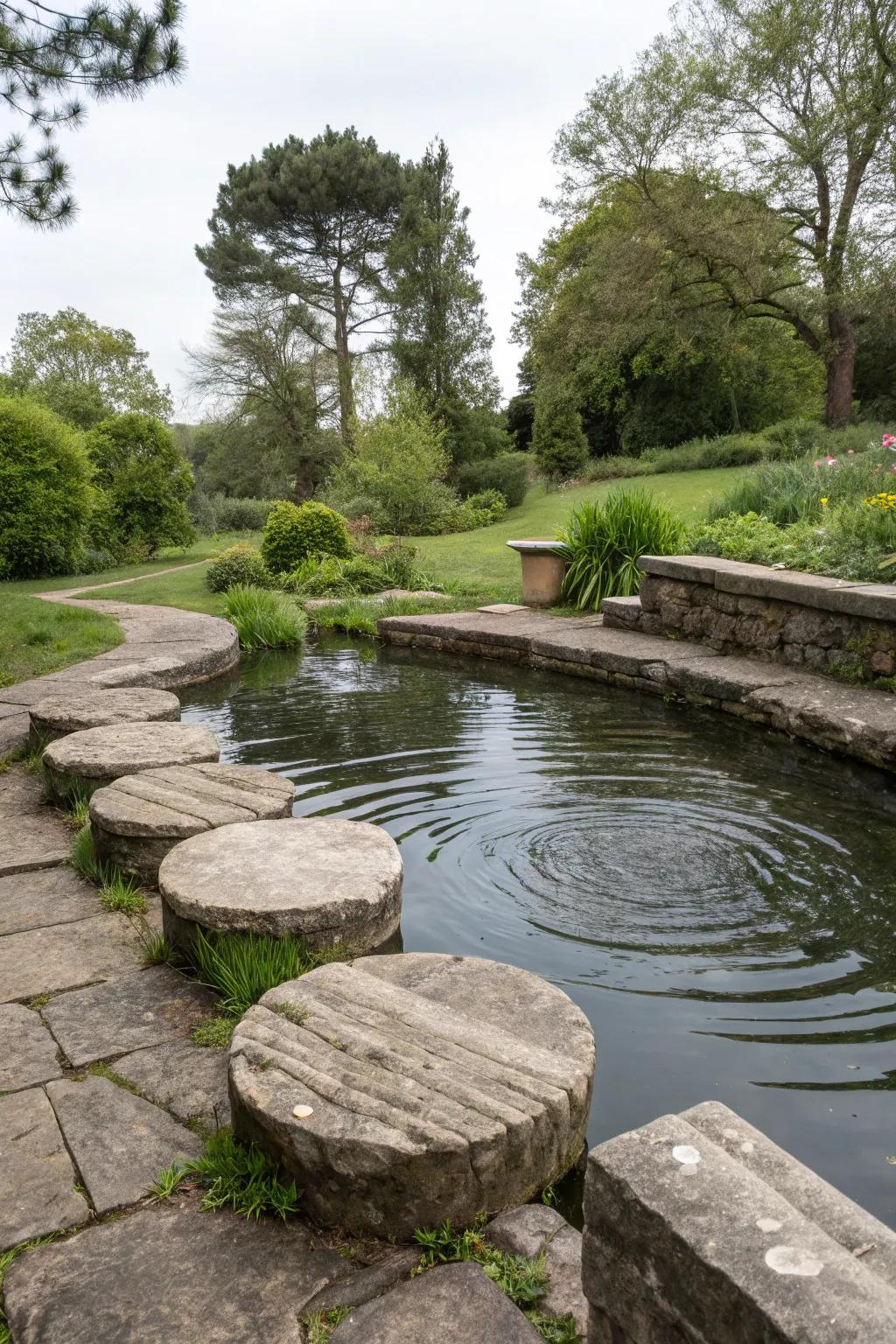 Built-in seating promotes relaxation by a tranquil pond.