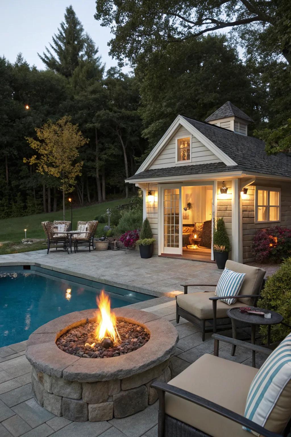 A flame hollow enhances warmth and atmosphere to the poolside.