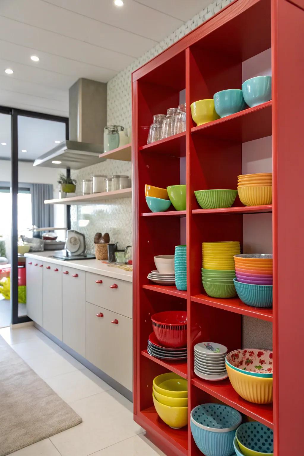 Crimson exposed shelving adding both color and functionality.