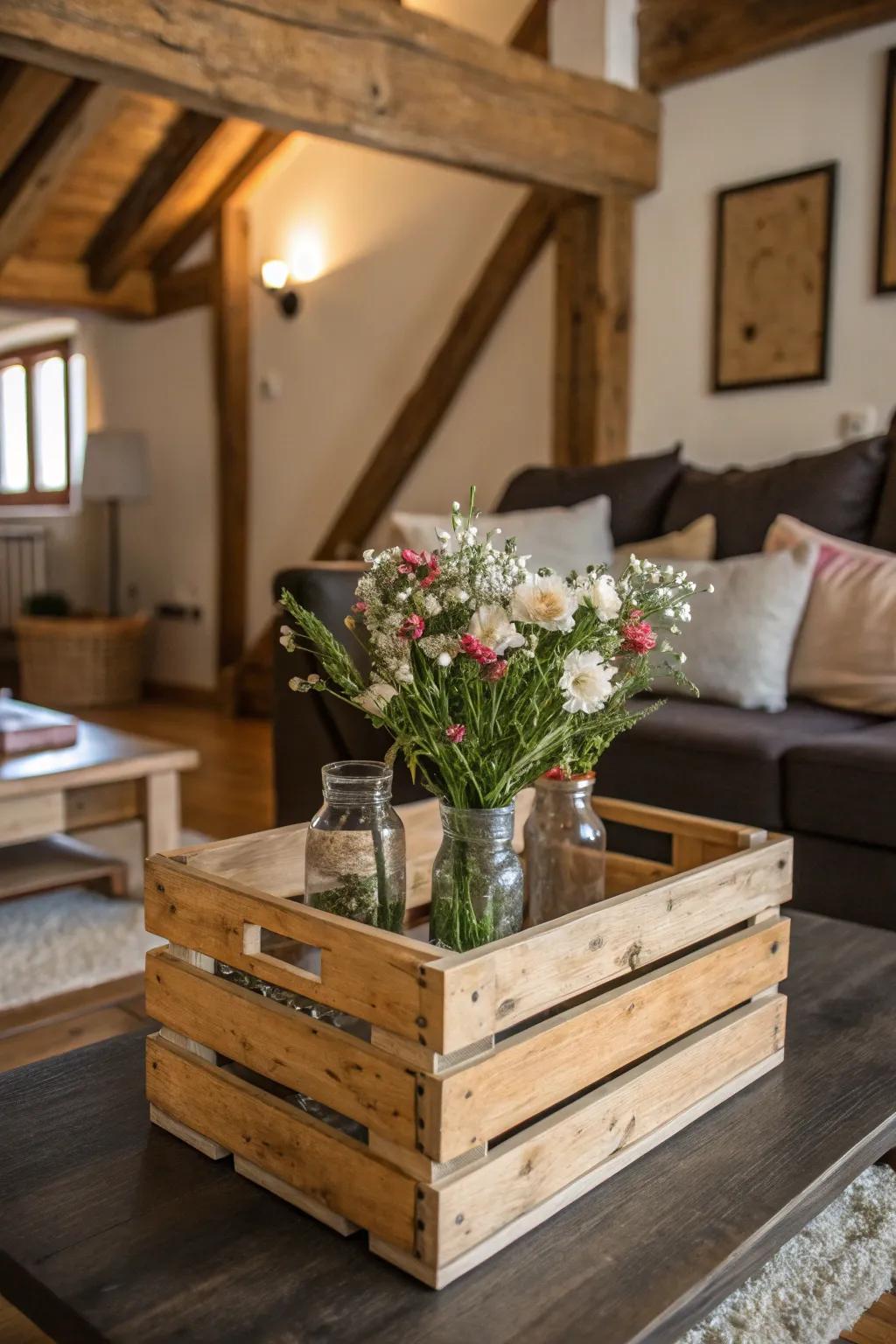 A slatted box filled with flowers introduces rustic appeal to any room.