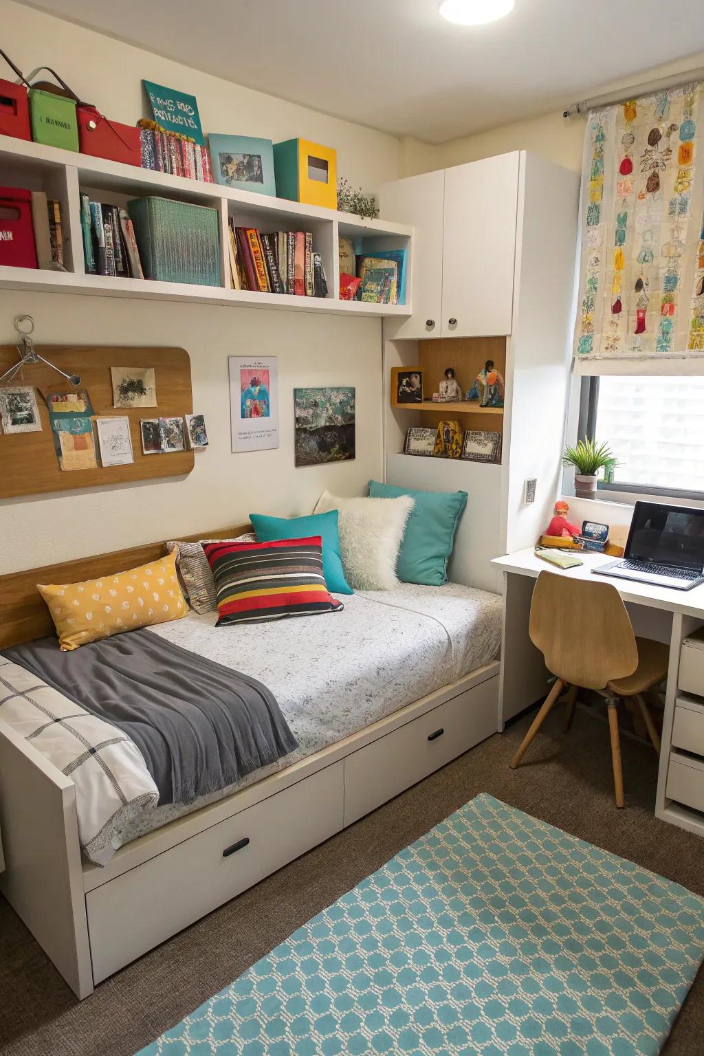 Distinct activity areas keep the room organized and functional.