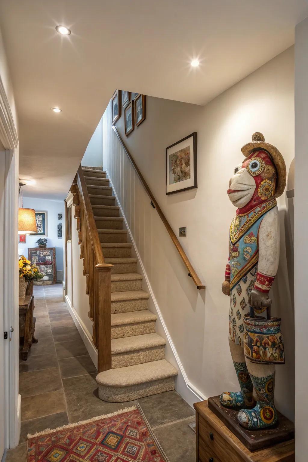 A playful decor piece adds a whimsical touch to your landing.