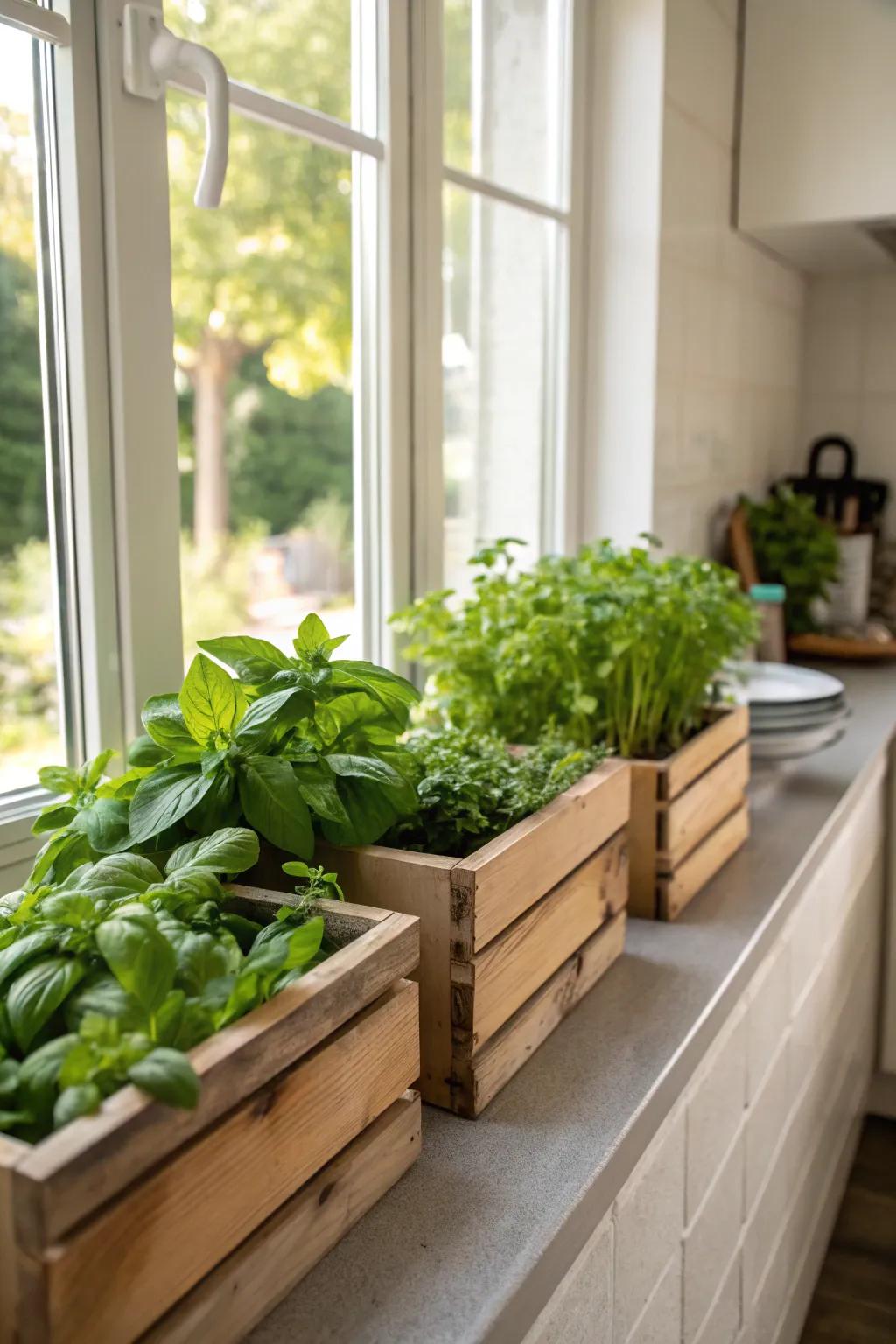 Window containers afford effortless procurement of fresh herbs for culinary pursuits.
