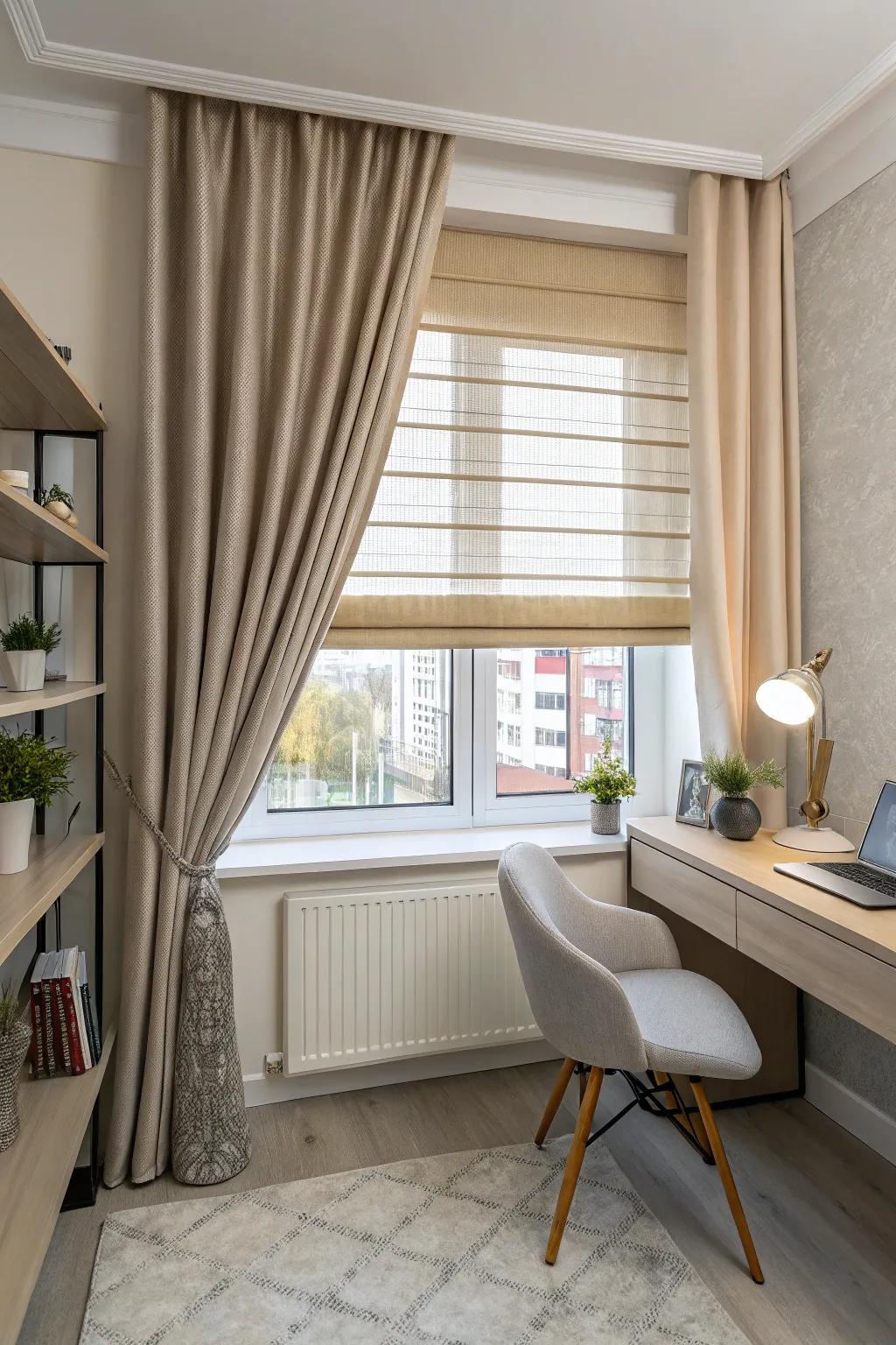 Screens and curtains together offer functionality and style for small windows.