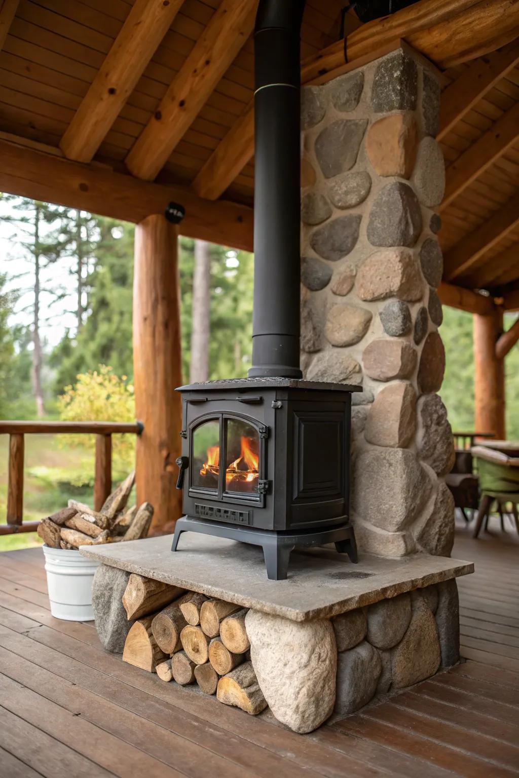 Natural stone elements bring an outdoor touch to an indoor timber heater setting.