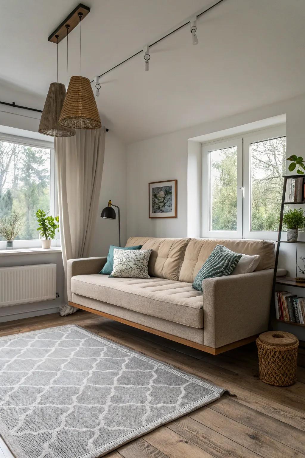 The floating sofa with visible legs creates the feeling of additional space.