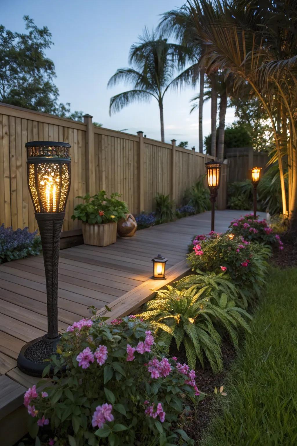 Solar flame lamps give your deck a taste of the tropics.