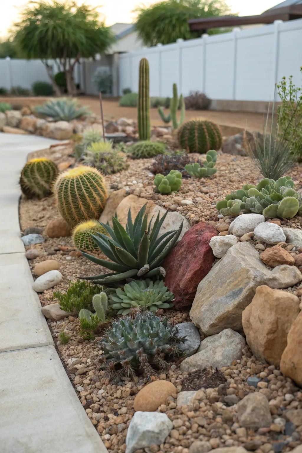 A water-saving garden showcasing ornamental rocks and drought-tolerant plants.