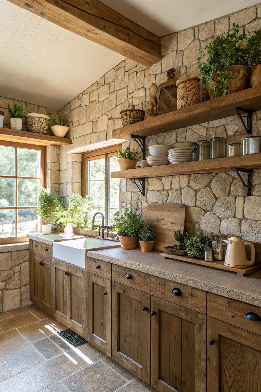 Stone and wood constituents fashion a natural and earthy culinary atmosphere.