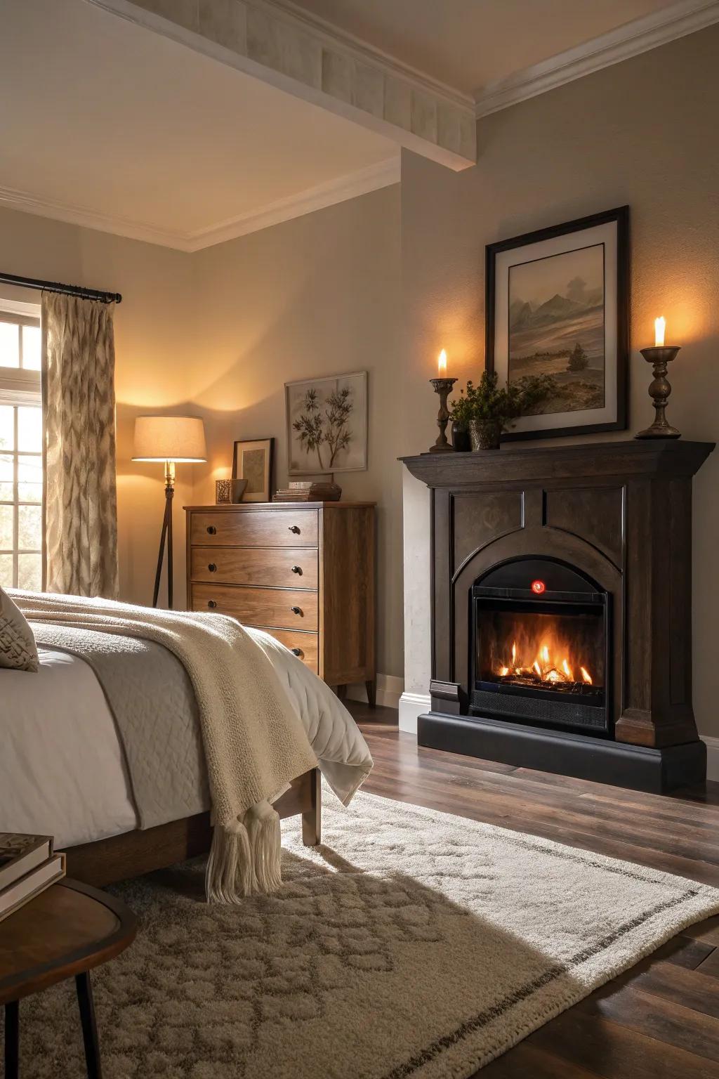 An electric fireplace adds a layer of inviting warmth to your bedroom.