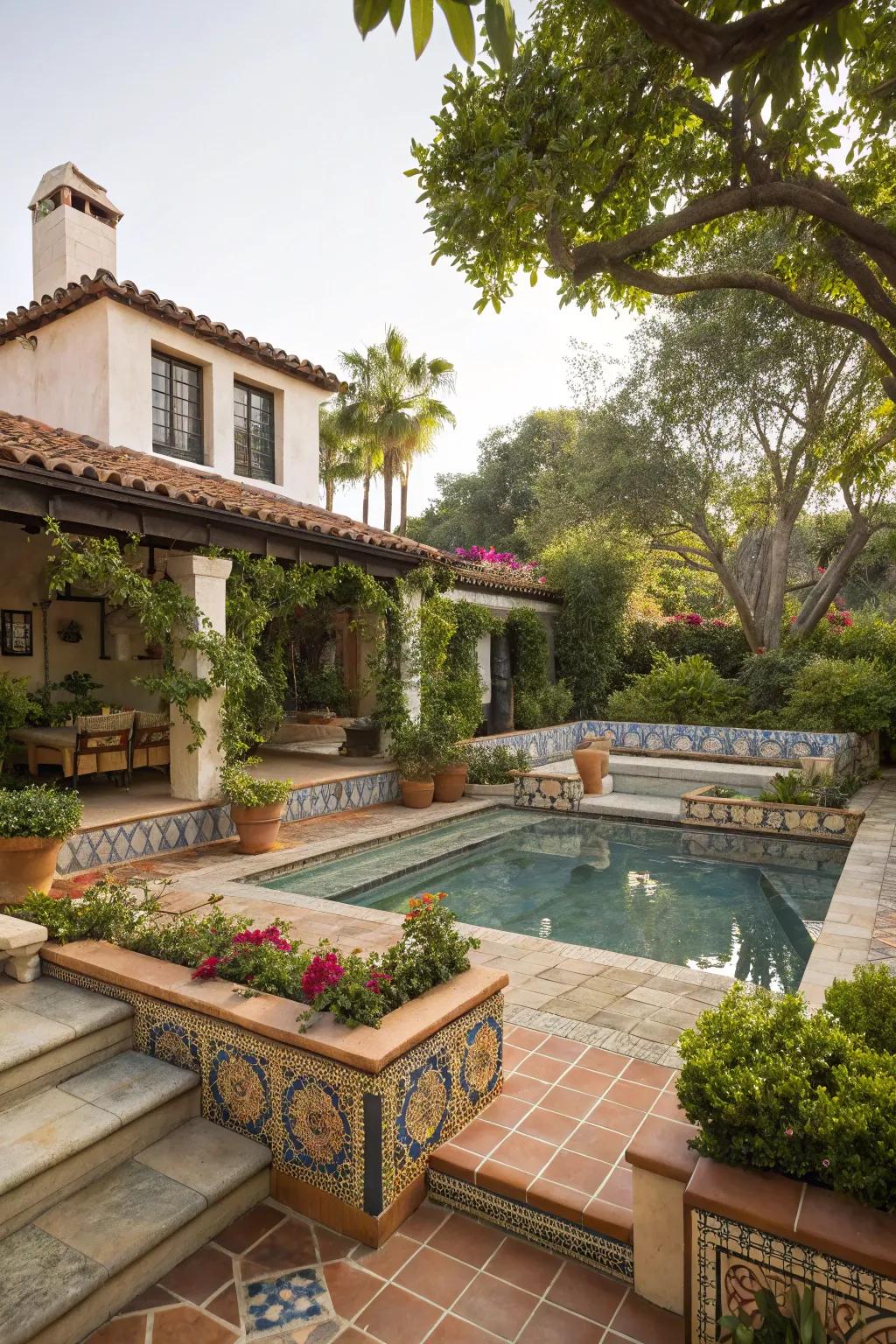 Integrated seating zones present a harmonious design in this Spanish-inspired garden.