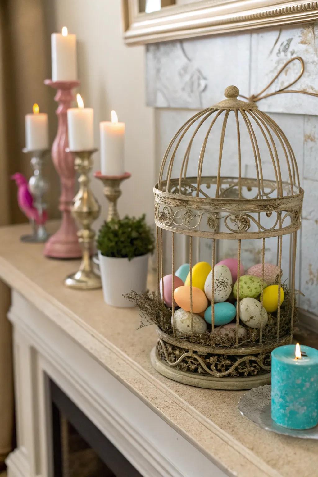 A cage exhibition adds an unexpected element to the mantel.