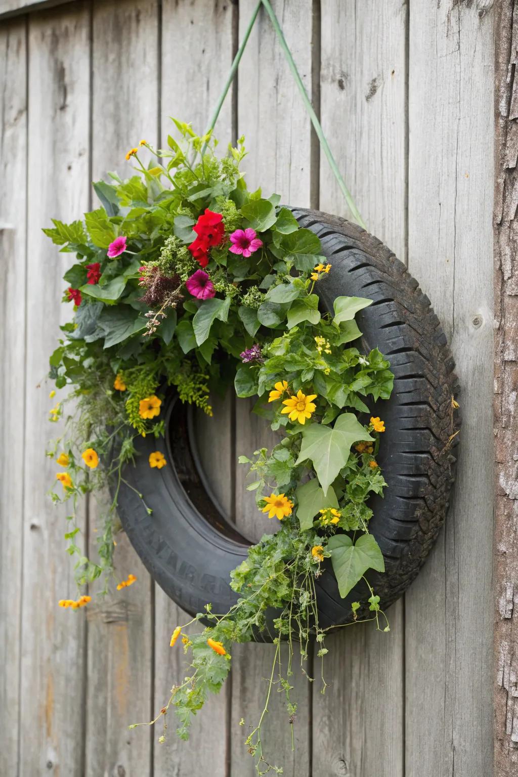 A rustic wheel wreath ideal for farmhouse decor.