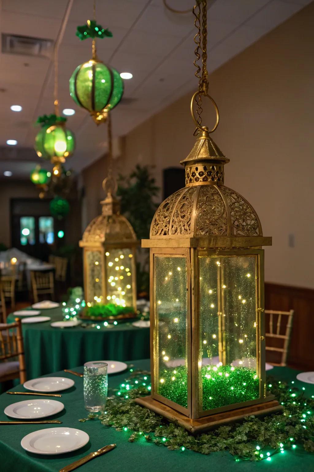 Gilded luminaries with twinkle lights craft an enchanting atmosphere.