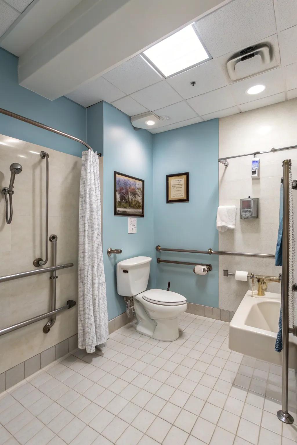 Inclusive features make the restroom user-friendly and welcoming for everyone.