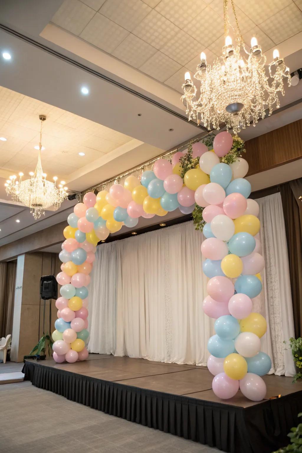 A whimsical balloon lantern suspended above the stage.