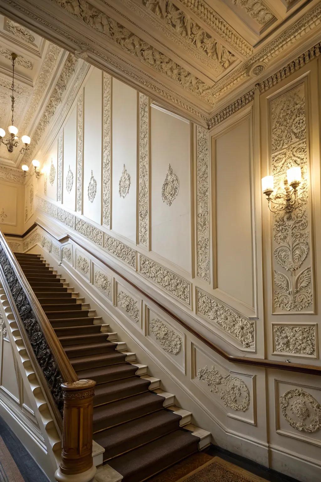 Staircase walls are given a hint of timeless elegance by architectural moldings.