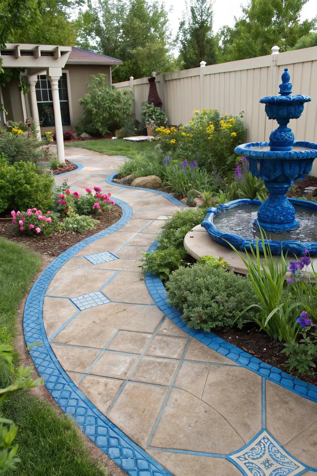 Brilliant blue accents add playful color to this garden.