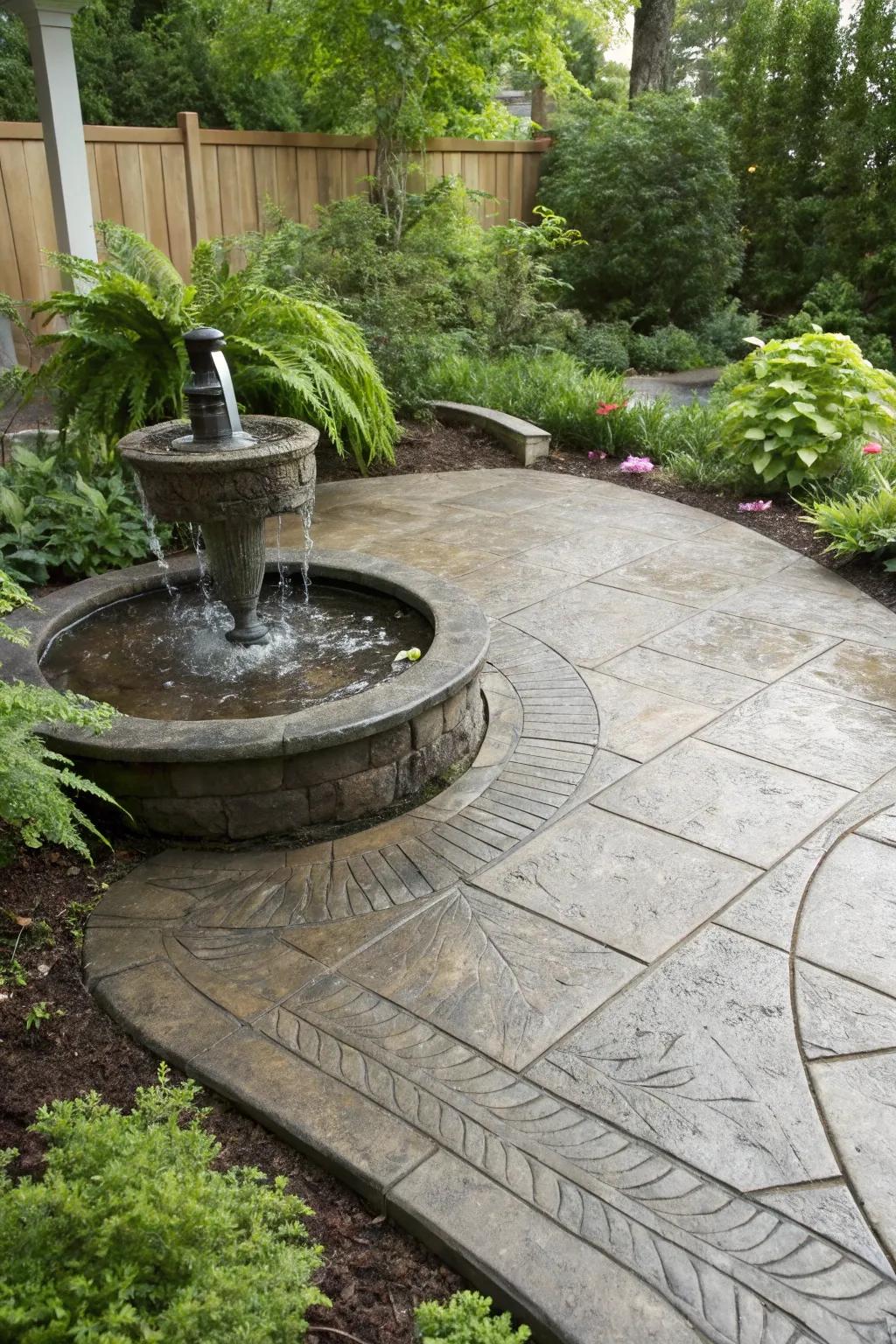 A stamped concrete patio improved by a soothing hydration element.