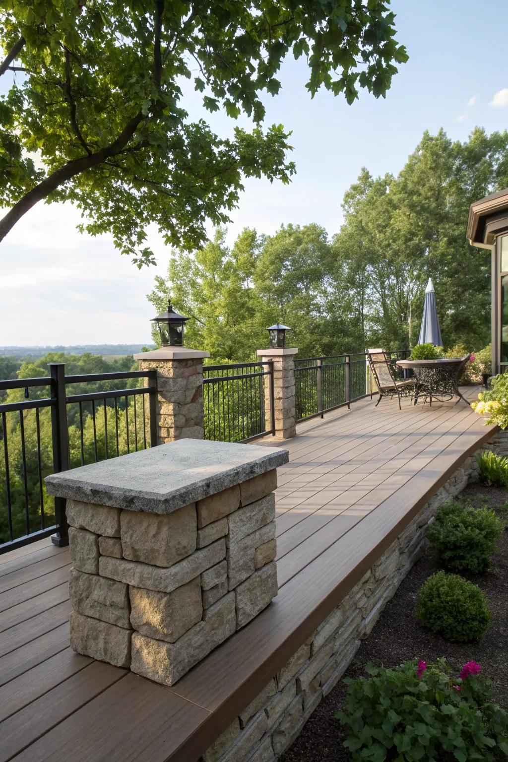 A modern deck displaying a stylish fusion of rock trim and metal details.