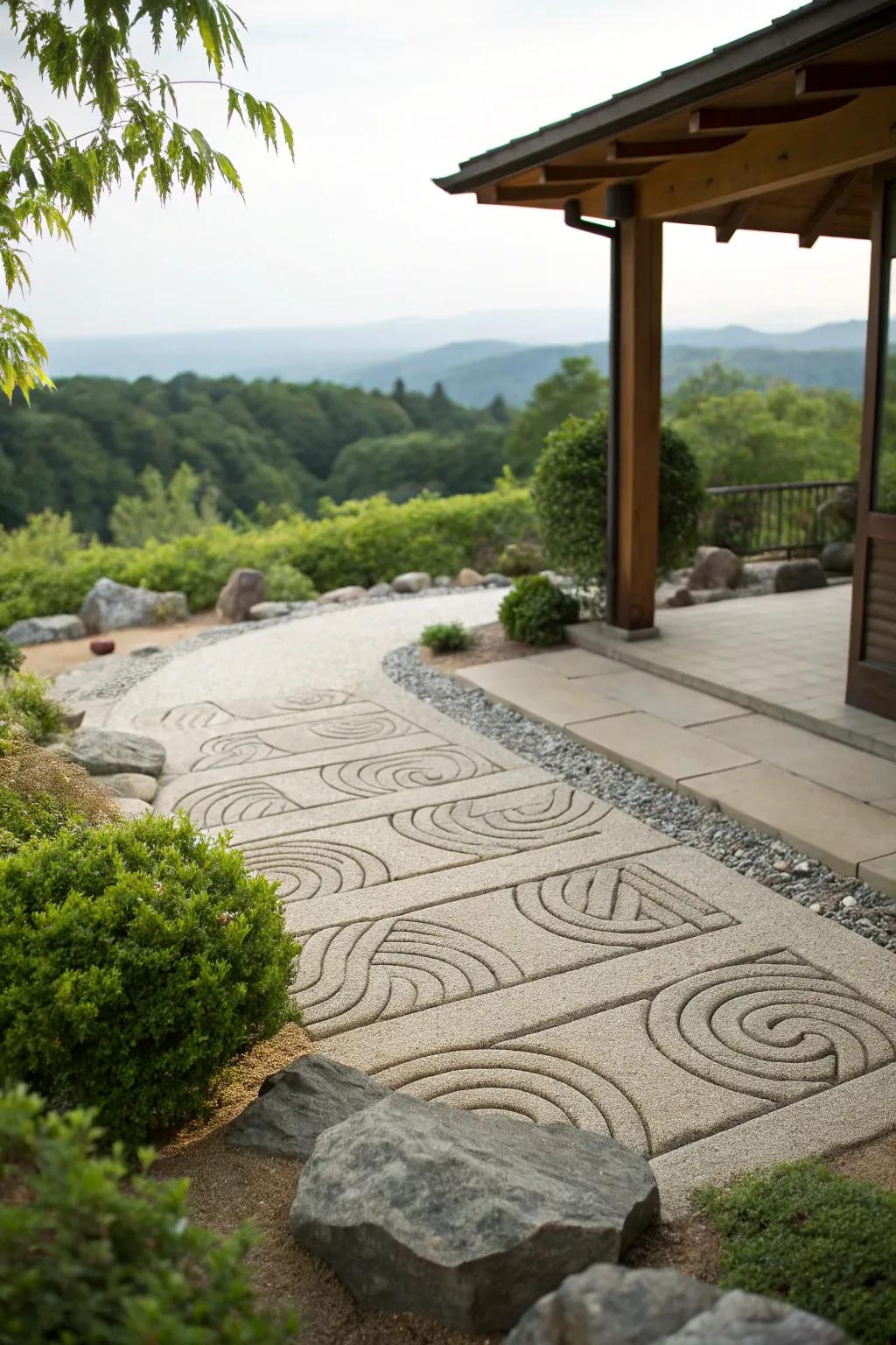 A stone patio featuring a tranquil Stillness garden.