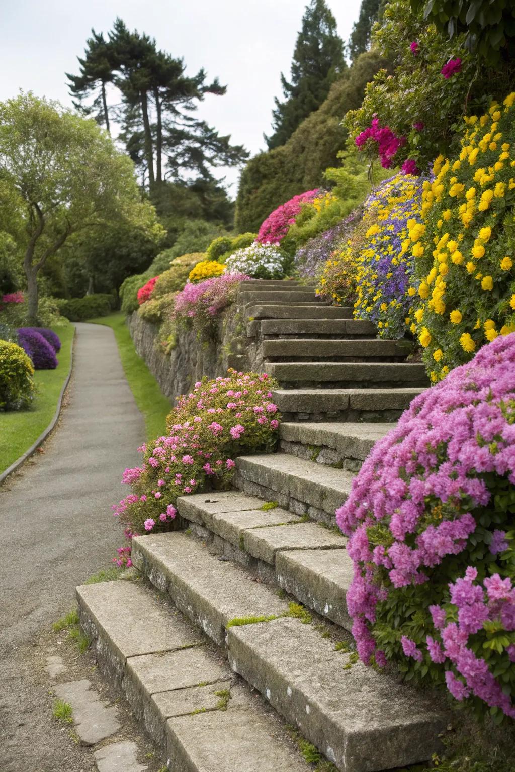 Colorful plant-bordered stone steps