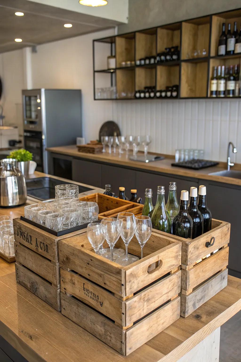 Old-fashioned crates add a rustic charm to glass storage.