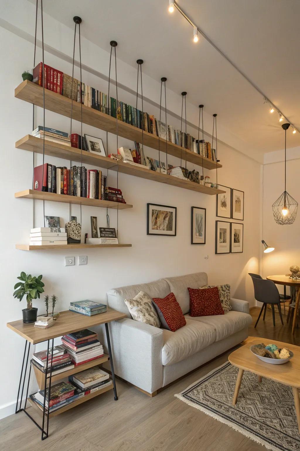 Hanging shelves constitute a fashionable stowage alternative.