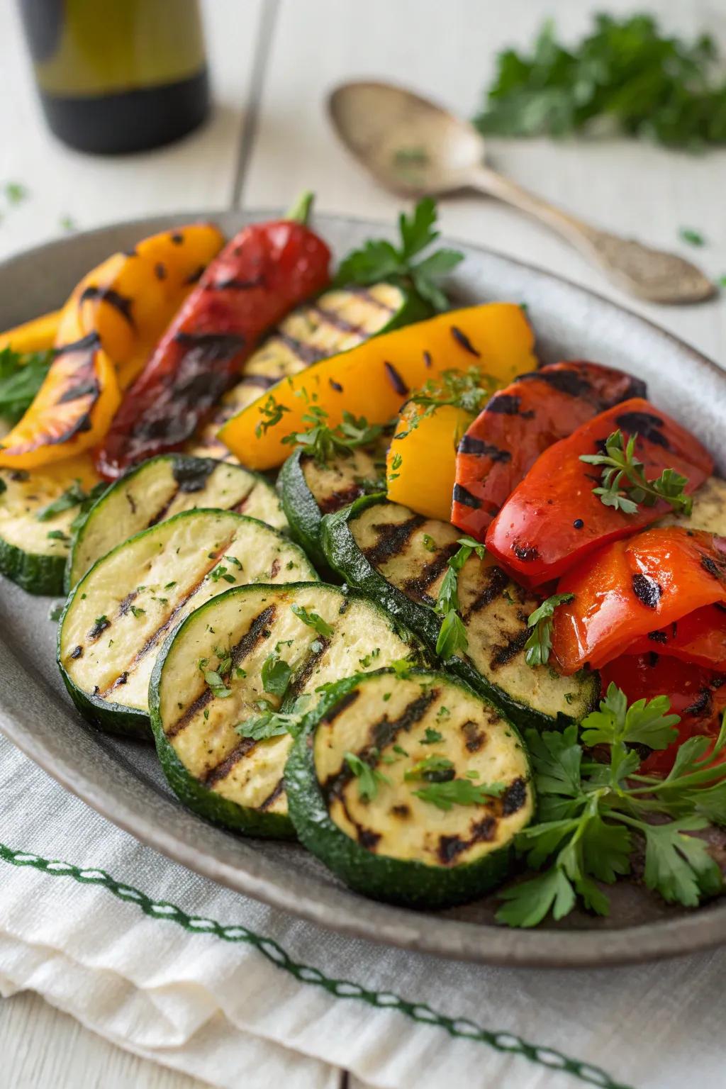 A multi-hued arrangement of masterfully seasoned, grilled garden treasures.